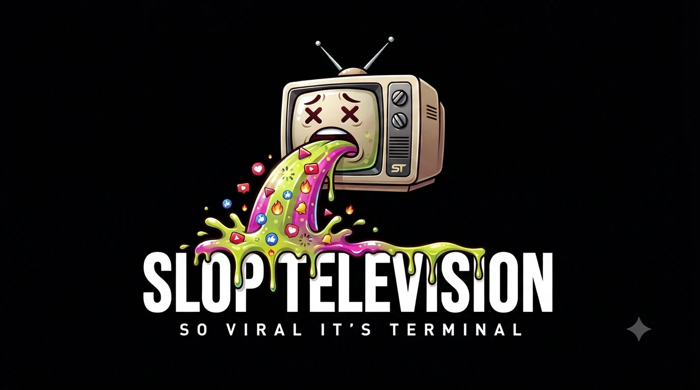 SLOP TELEVISION — a dead-eyed television vomiting a stream of social media icons in acid green and magenta slime. Tagline: So Viral It's Terminal.